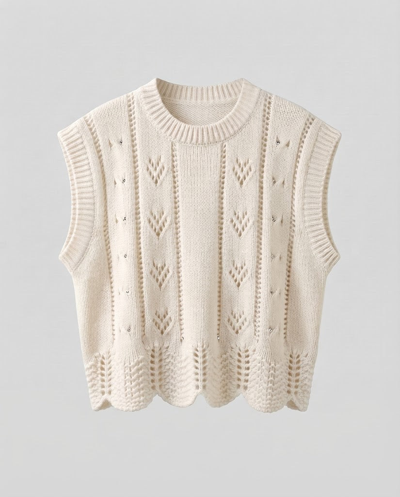 Damen Gestrickte Ajour-Ärmellose Weste mit Muschelsaum Drune