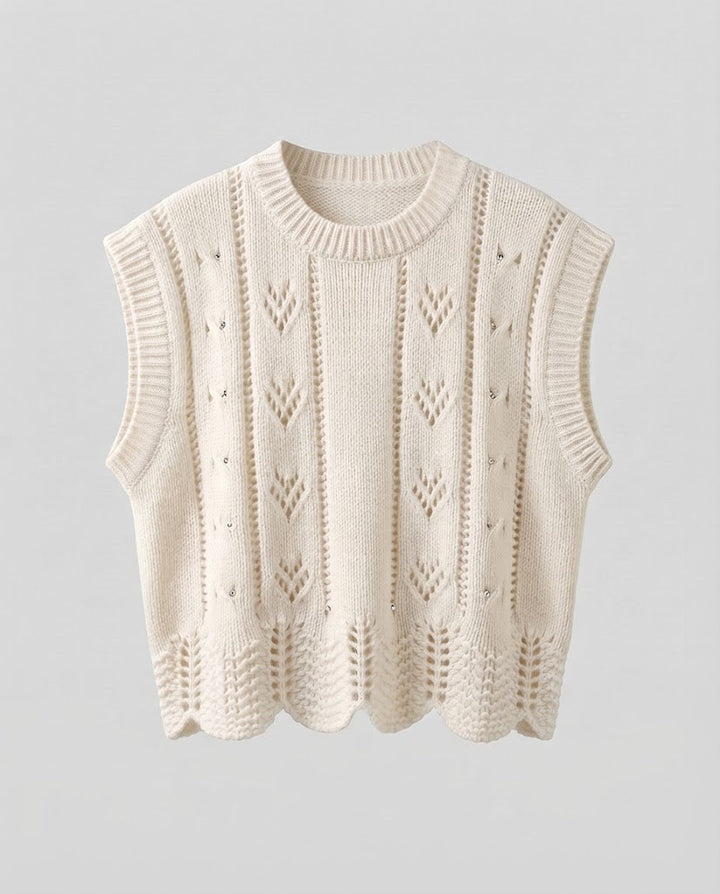 Damen Gestrickte Ajour-Ärmellose Weste mit Muschelsaum Drune