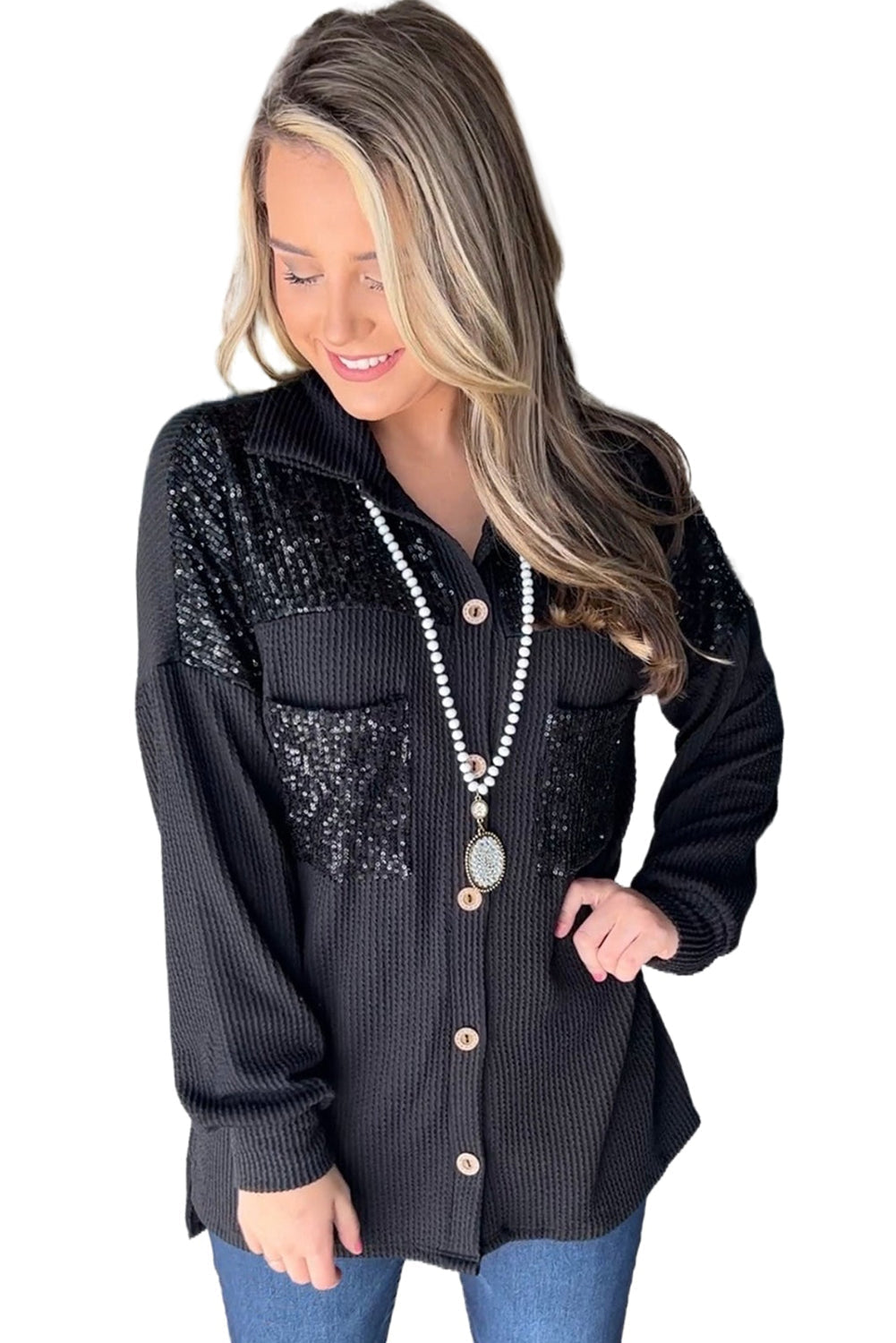 Drune | Gerippte Blusenjacke mit Pailletten-details Polyester-mischung Festlich und Trendy