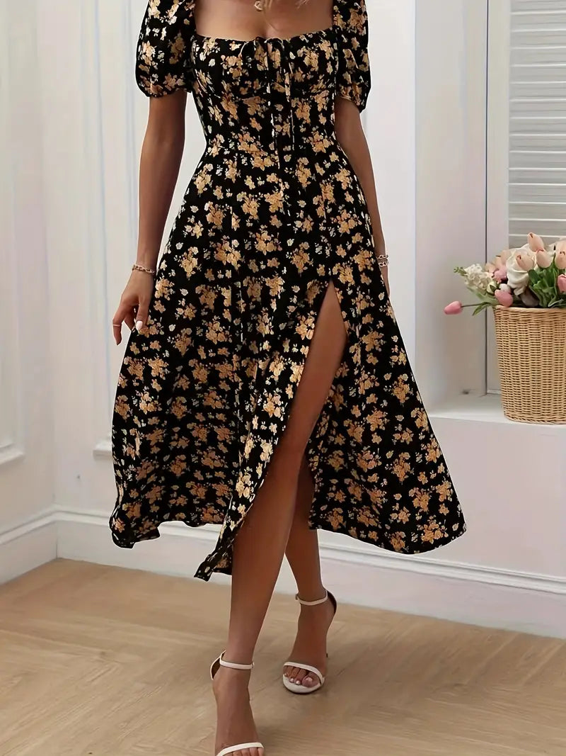 Drune | Schickes Kleid mit Puffärmeln Im A-Linien-Stil mit Blumendruck