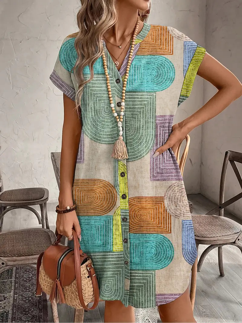 Drune | Sommerhemd mit Geometrischem Druck V-Ausschnitt und Knopfverschluss Elegantes Midikleid