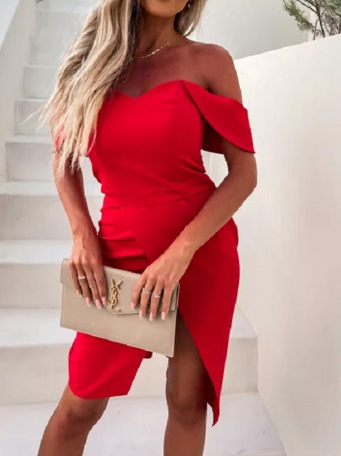 Drune | Frauen Kleider Solid One Shoulder Slim Fit Schlitz Kleid