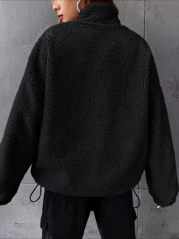 Drune | Lockere Passform Teddyjacke mit Reißverschluss, Stilvolle Tropfenschulter