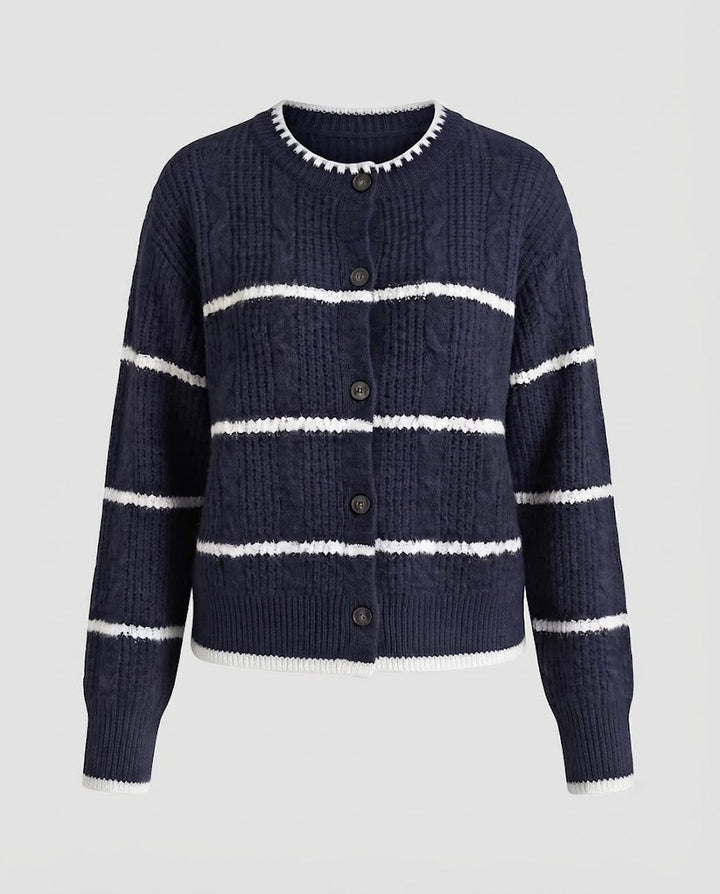Damen Grobgestrickte Knopf-Cardigan mit Streifenstruktur und Rundhalsausschnitt Drune