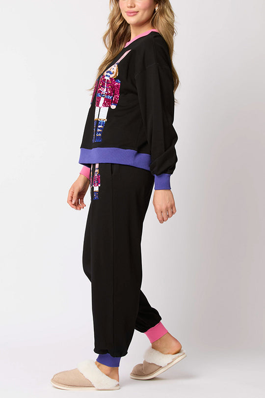 Drune | Weihnachtsmann Pailletten Freizeit Sweatshirt und elastische Taillen lockere Taschenhose Set