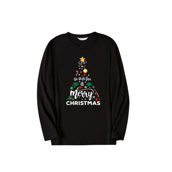 Drune | "Wir wünschen Ihnen ein frohes Weihnachtsfest" Bedrucktes Muster Schwarzes Langarmtop mit Schwarz- und Grünkarierten Hosen Paar Matching Pyjamas