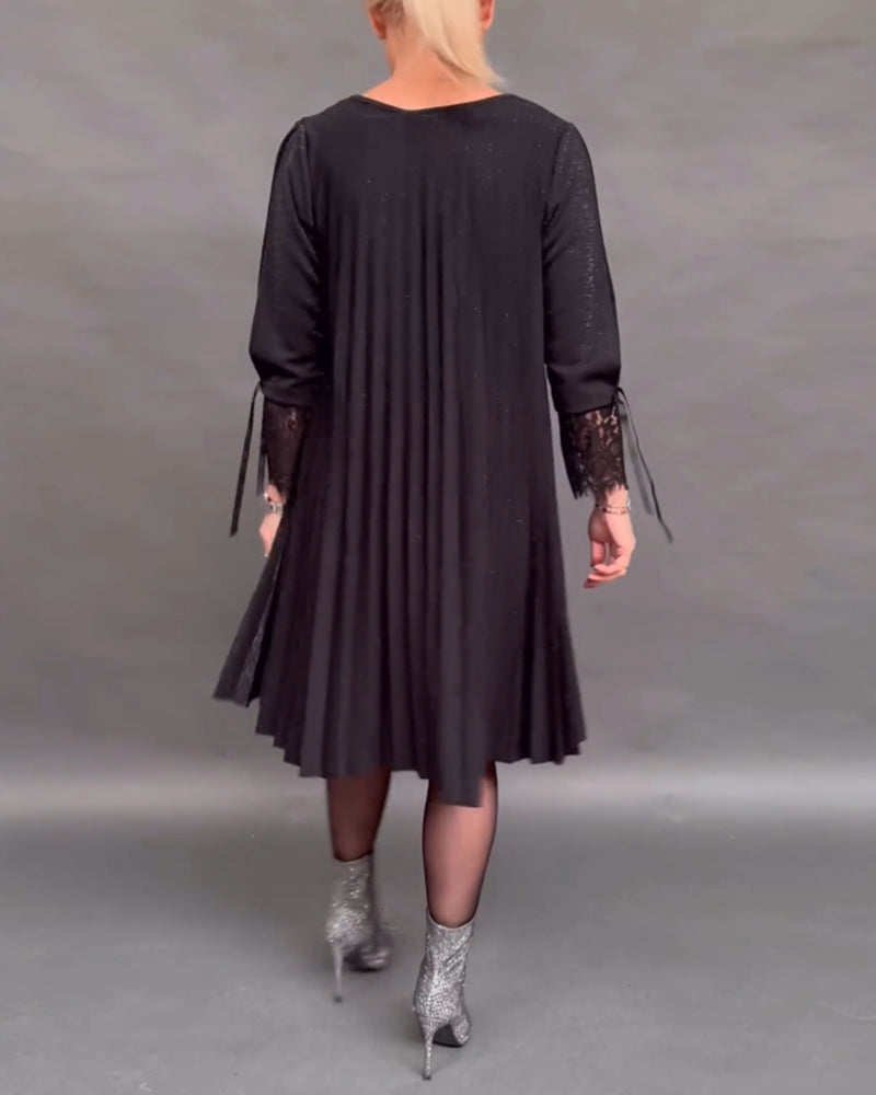 Drune | Einfarbiges Plissiertes Patchwork Spitzenkleid