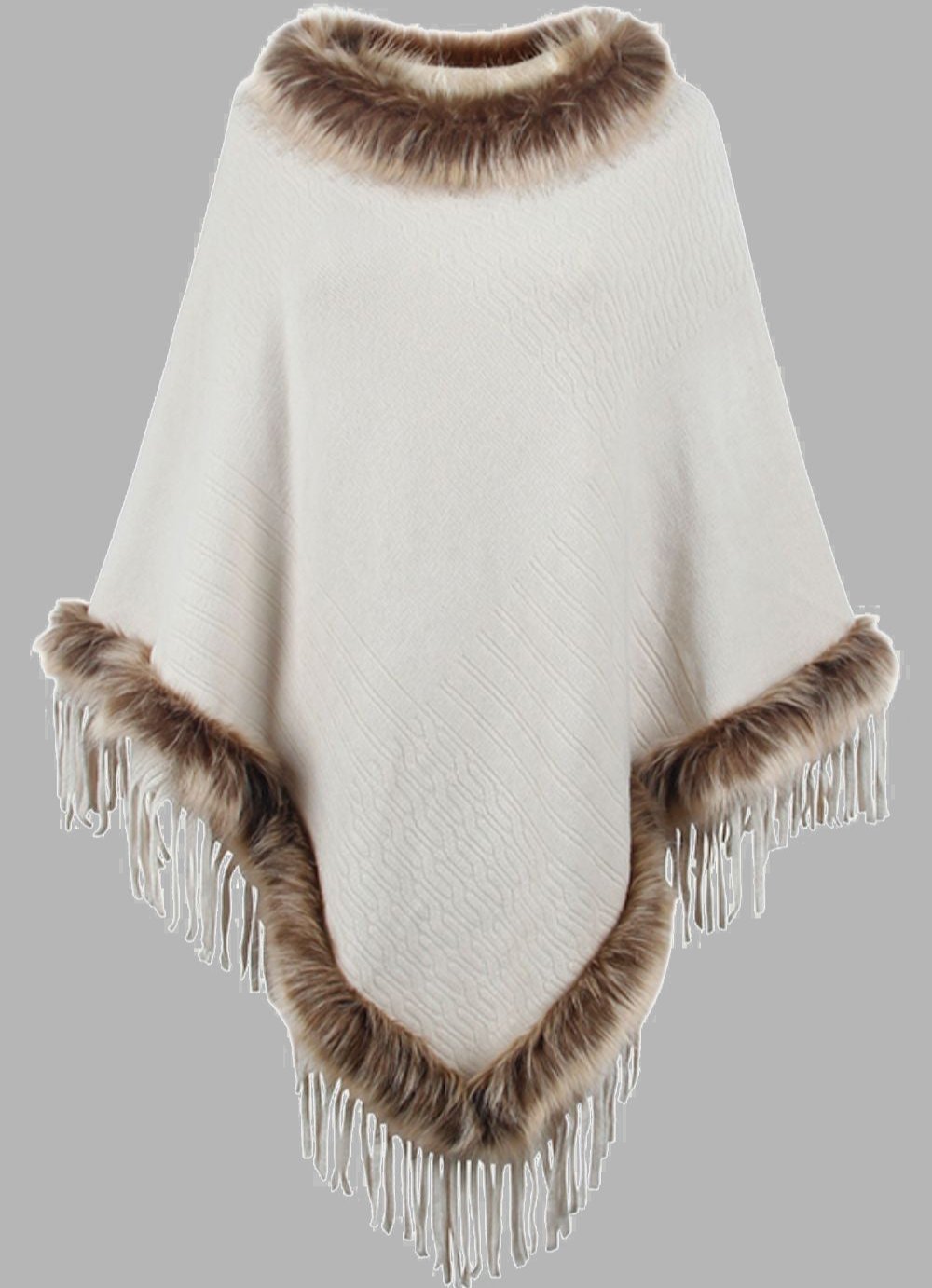 Drune | Elegante Damen Poncho mit Pelzkragen und Fransen