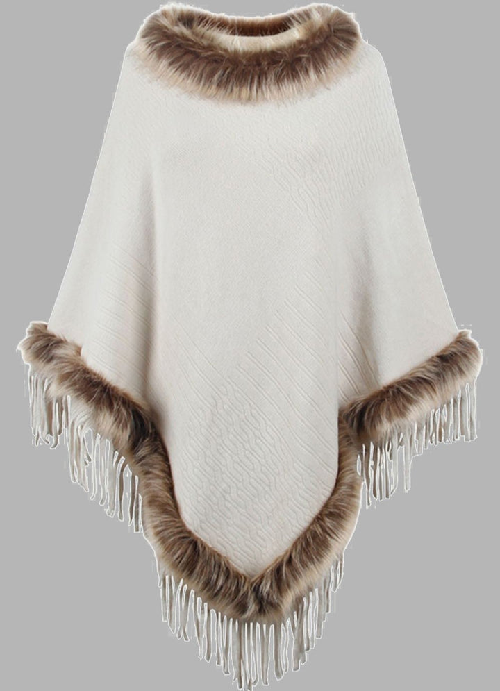 Drune | Elegante Damen Poncho mit Pelzkragen und Fransen