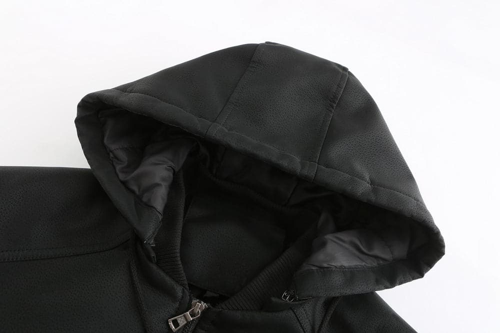 Drune | Leder Look Jacke Kordelzug Kapuze Ge Quiltete Fütterung Reißverschlussverschluss Gerippter Saum