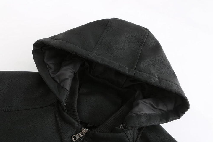 Drune | Leder Look Jacke Kordelzug Kapuze Ge Quiltete Fütterung Reißverschlussverschluss Gerippter Saum