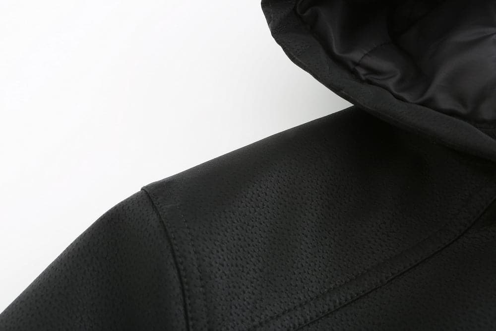 Drune | Leder Look Jacke Kordelzug Kapuze Ge Quiltete Fütterung Reißverschlussverschluss Gerippter Saum