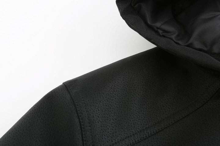Drune | Leder Look Jacke Kordelzug Kapuze Ge Quiltete Fütterung Reißverschlussverschluss Gerippter Saum