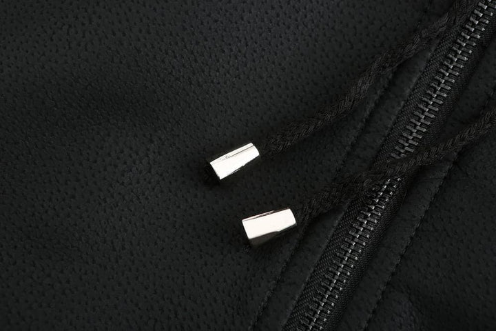 Drune | Leder Look Jacke Kordelzug Kapuze Ge Quiltete Fütterung Reißverschlussverschluss Gerippter Saum