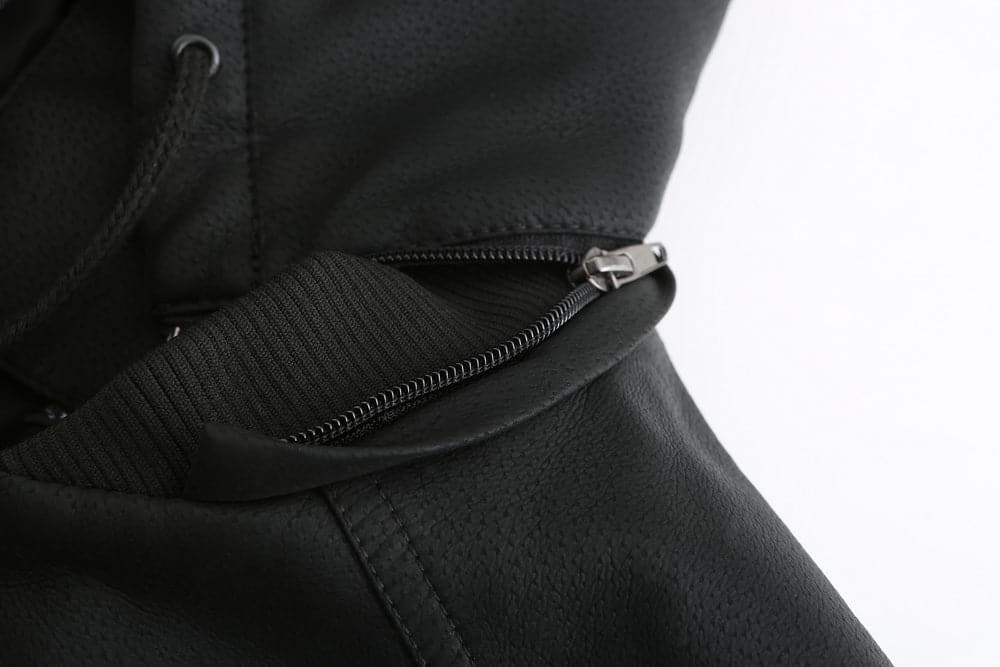 Drune | Leder Look Jacke Kordelzug Kapuze Ge Quiltete Fütterung Reißverschlussverschluss Gerippter Saum
