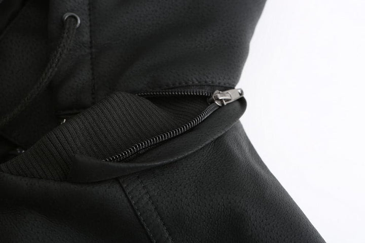 Drune | Leder Look Jacke Kordelzug Kapuze Ge Quiltete Fütterung Reißverschlussverschluss Gerippter Saum