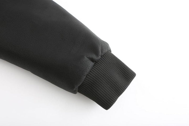 Drune | Leder Look Jacke Kordelzug Kapuze Ge Quiltete Fütterung Reißverschlussverschluss Gerippter Saum