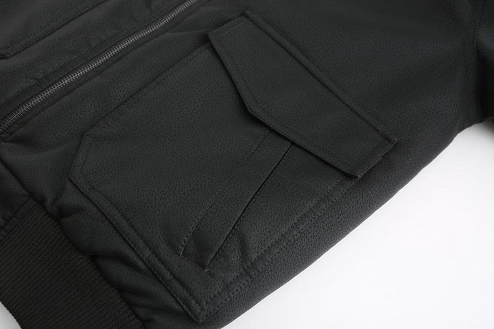Drune | Leder Look Jacke Kordelzug Kapuze Ge Quiltete Fütterung Reißverschlussverschluss Gerippter Saum
