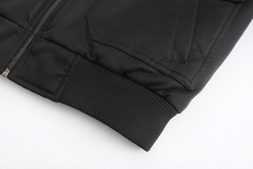 Drune | Leder Look Jacke Kordelzug Kapuze Ge Quiltete Fütterung Reißverschlussverschluss Gerippter Saum