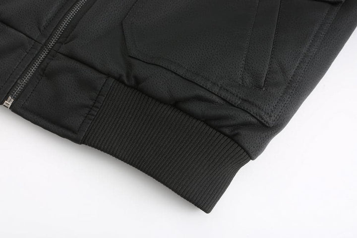 Drune | Leder Look Jacke Kordelzug Kapuze Ge Quiltete Fütterung Reißverschlussverschluss Gerippter Saum