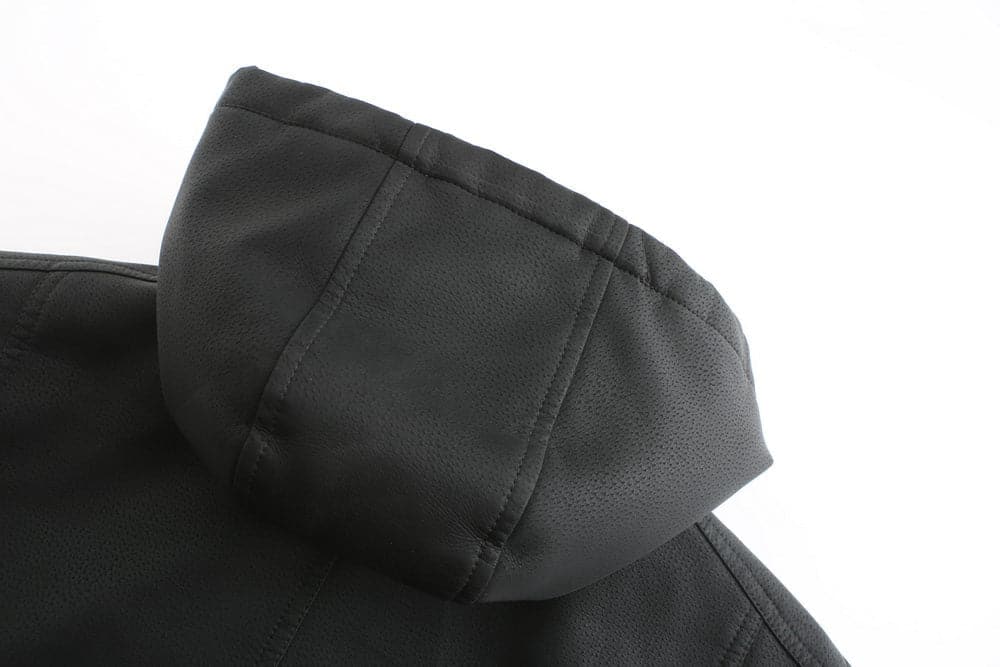 Drune | Leder Look Jacke Kordelzug Kapuze Ge Quiltete Fütterung Reißverschlussverschluss Gerippter Saum