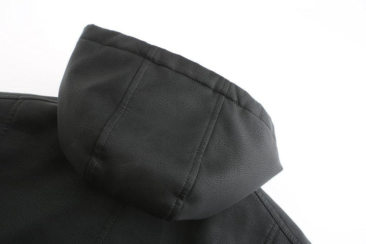 Drune | Leder Look Jacke Kordelzug Kapuze Ge Quiltete Fütterung Reißverschlussverschluss Gerippter Saum