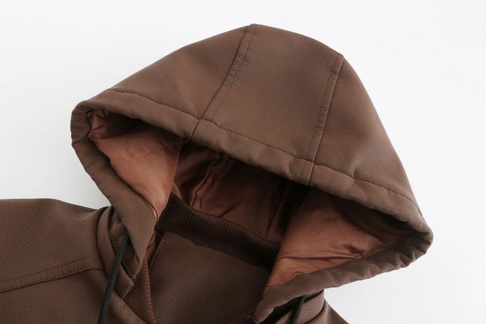Drune | Leder Look Jacke Kordelzug Kapuze Ge Quiltete Fütterung Reißverschlussverschluss Gerippter Saum