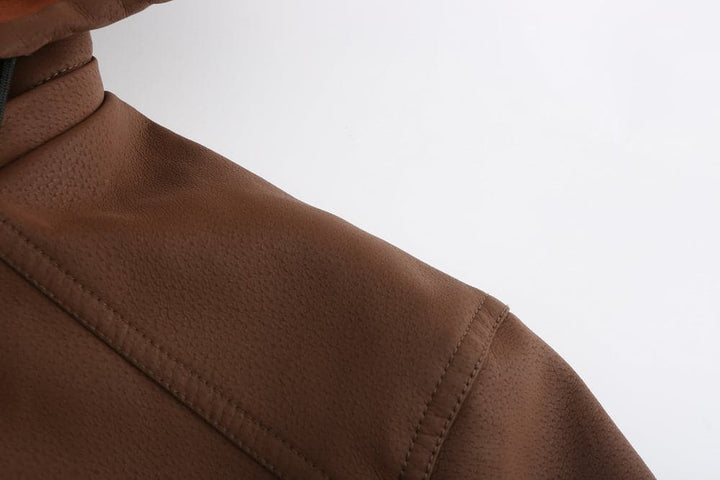 Drune | Leder Look Jacke Kordelzug Kapuze Ge Quiltete Fütterung Reißverschlussverschluss Gerippter Saum