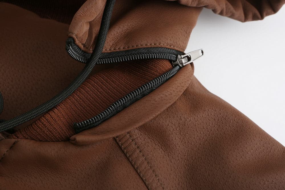 Drune | Leder Look Jacke Kordelzug Kapuze Ge Quiltete Fütterung Reißverschlussverschluss Gerippter Saum