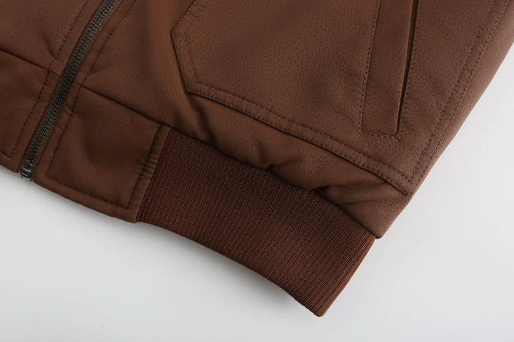 Drune | Leder Look Jacke Kordelzug Kapuze Ge Quiltete Fütterung Reißverschlussverschluss Gerippter Saum