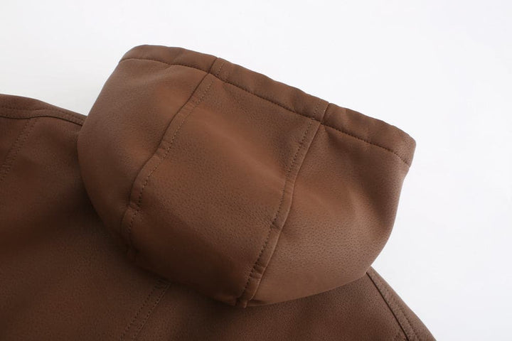 Drune | Leder Look Jacke Kordelzug Kapuze Ge Quiltete Fütterung Reißverschlussverschluss Gerippter Saum