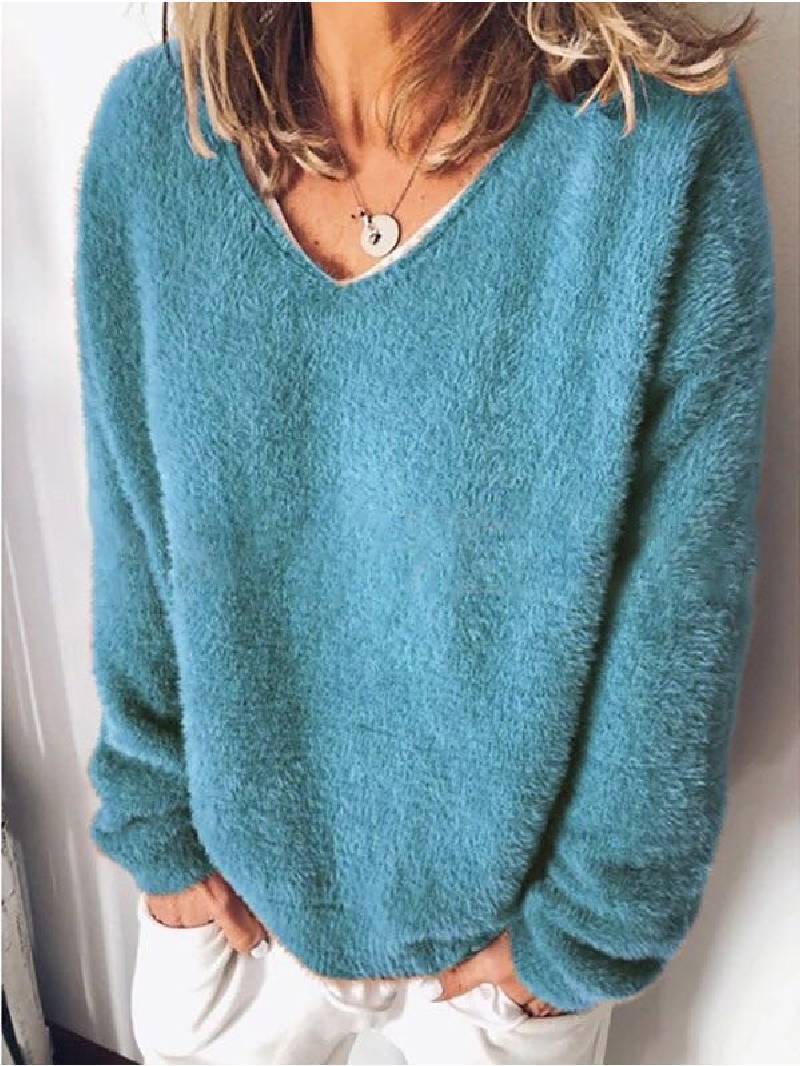 Drune - V-Ausschnitt Kuscheliger Plüsch-Pullover