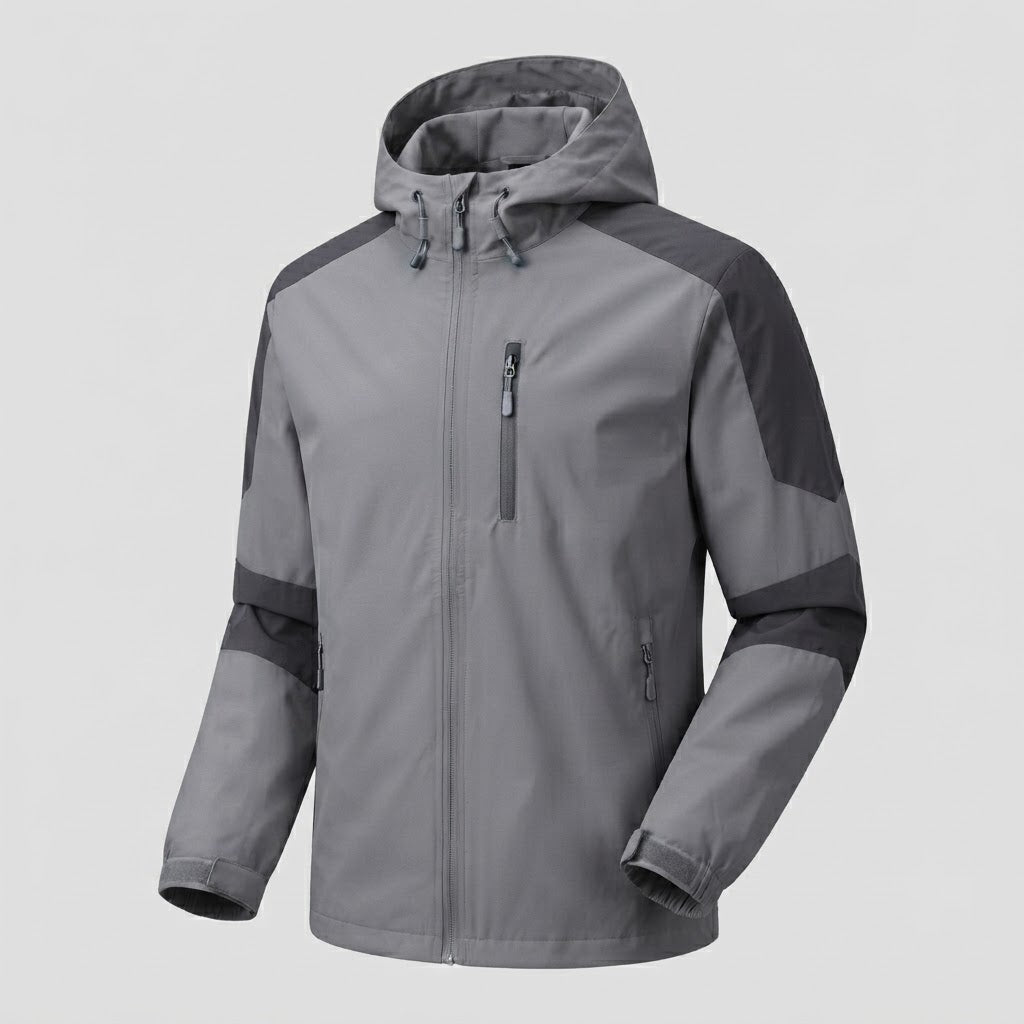 Leichte wasserabweisende Kapuzen-Softshelljacke für Herren mit Kontraststreifen und Brustreißverschluss drune