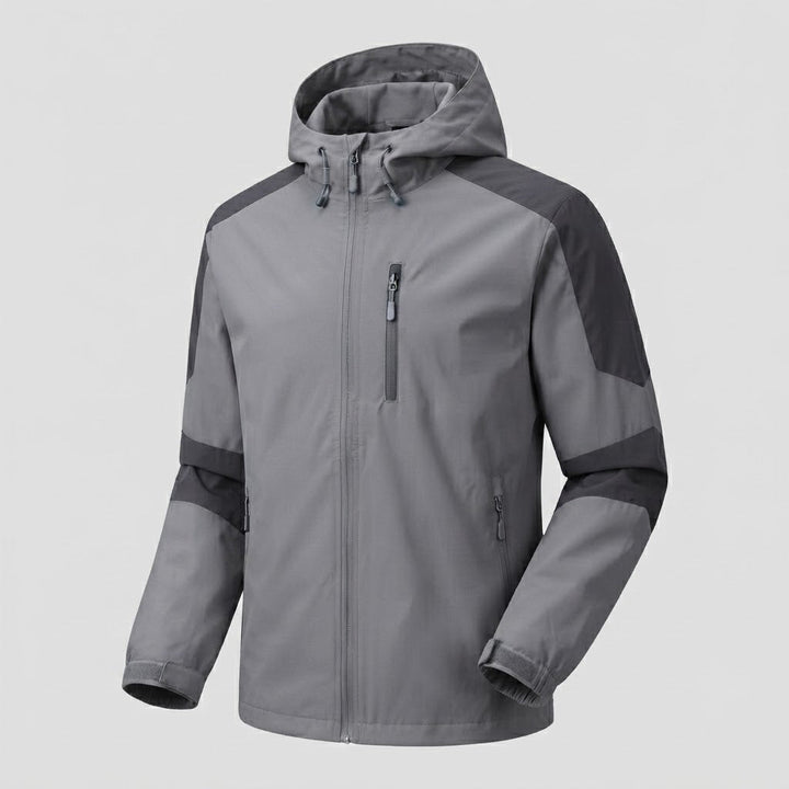 Leichte wasserabweisende Kapuzen-Softshelljacke für Herren mit Kontraststreifen und Brustreißverschluss drune