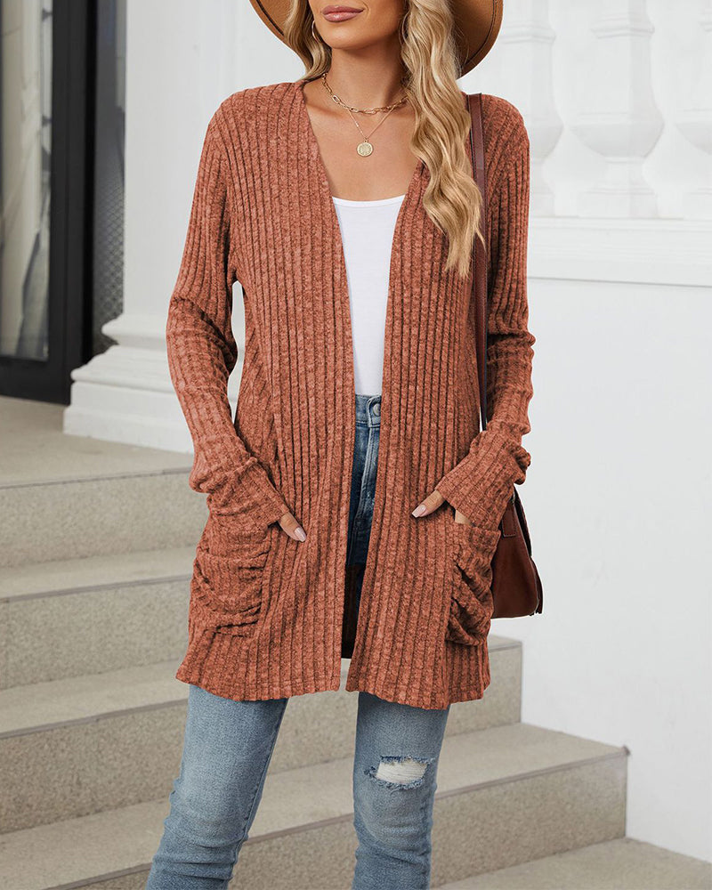 Drune | Lässiger Einfarbiger Cardigan mit Langen Ärmeln und Tasche