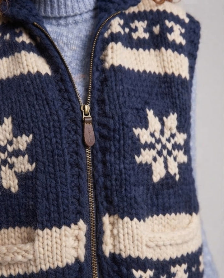Damen Grobgestrickte Norwegerweste mit Stehkragen und aufgesetzten Taschen Drune