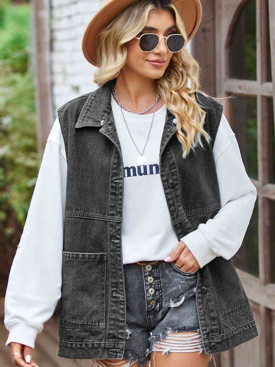 Drune | Knopf-Front Ärmellose Jeansjacke