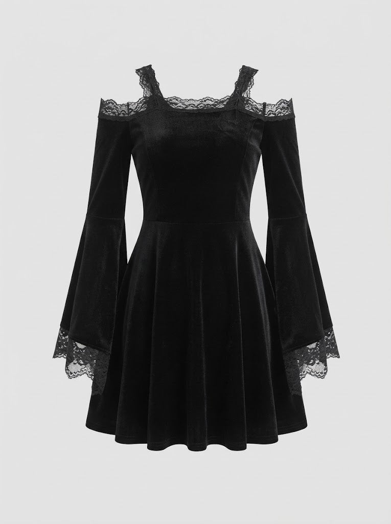 Damen Gothic Kleid mit voluminösen Ärmeln und Spitzenakzenten Drune