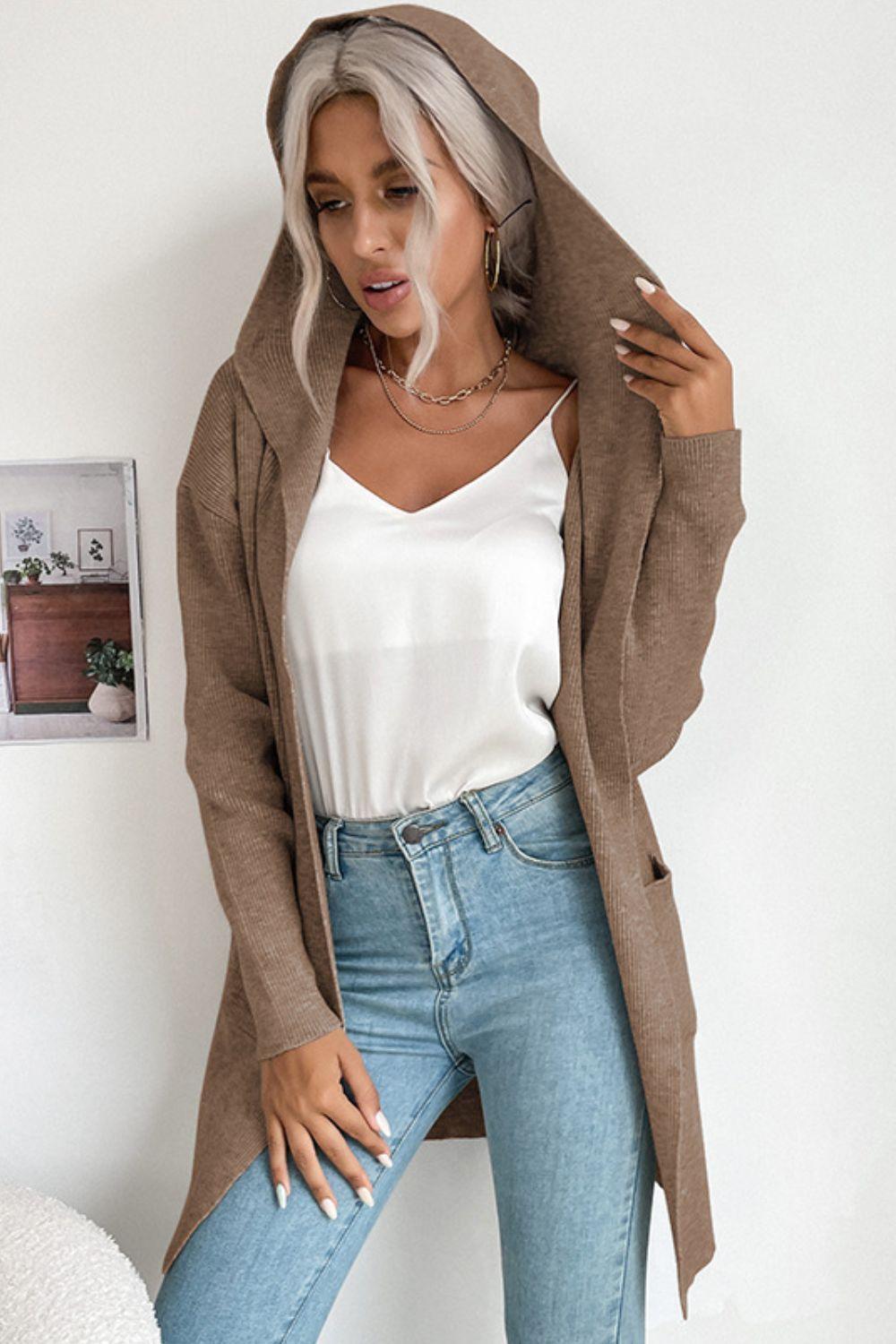 Drune | geripptes offen-front Cardigan mit Kapuze und Taschen