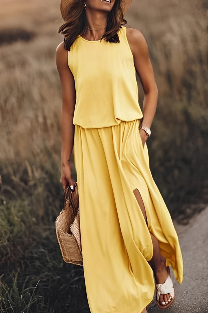 Drune langes Kleid | Elegantes ärmelloses Sommerkleid mit Ausschnitten