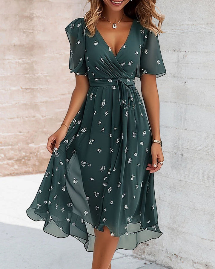 Drune | Elegantes Bedrucktes Kleid mit V-Ausschnitt und Krawatte