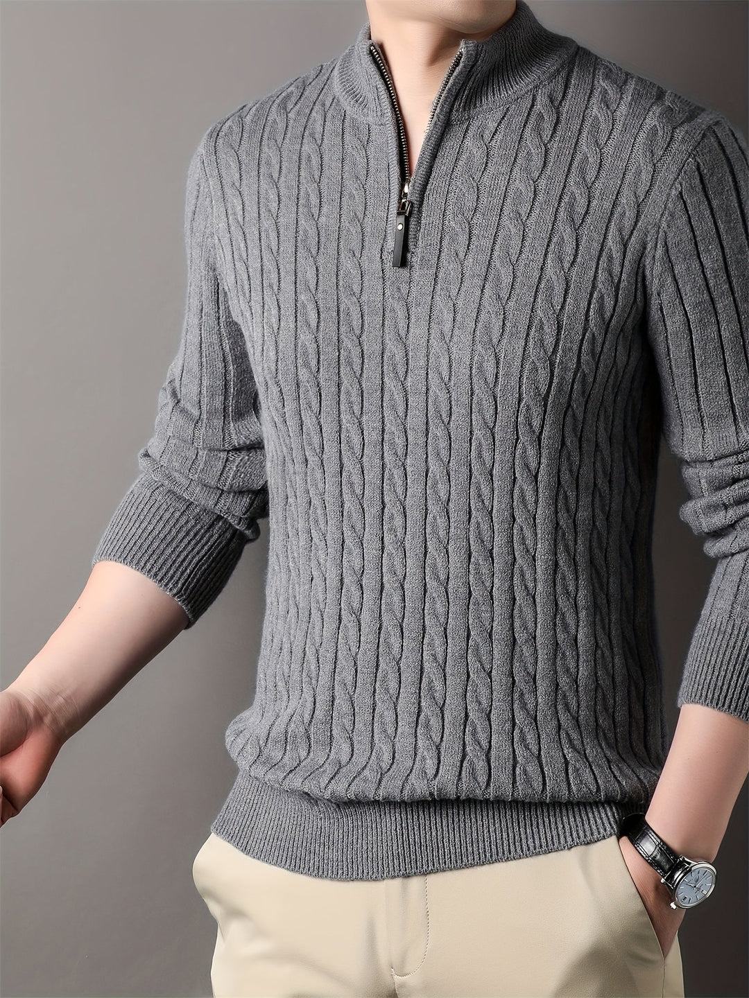 Drune | Lässiger Herrenpullover aus Zopfstrick mit Reißverschluss