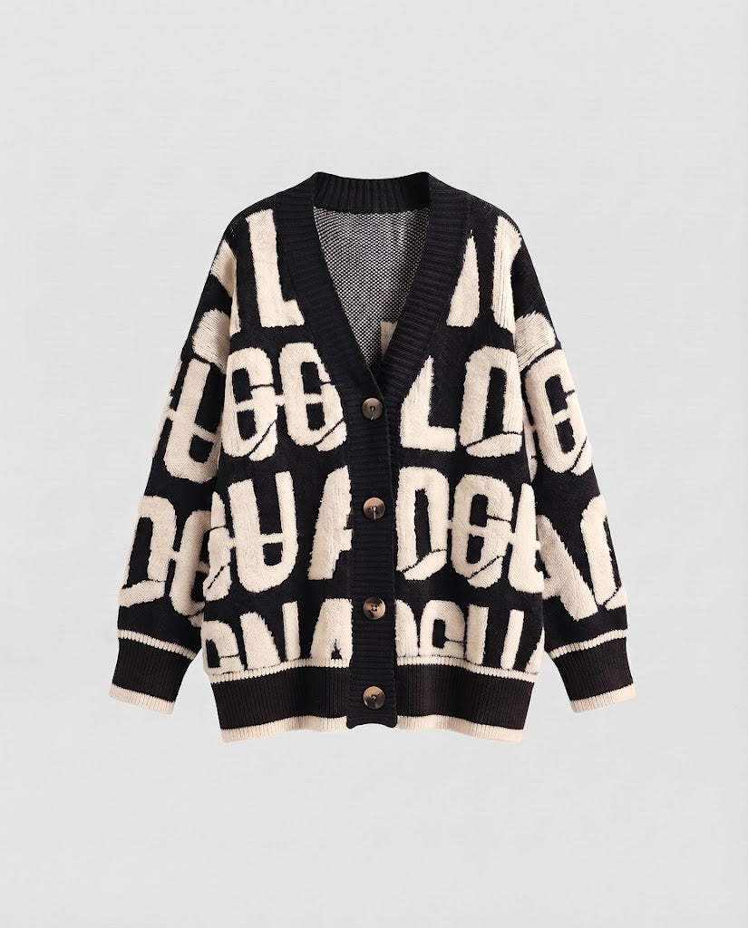 Damen Grobstrick-Cardigan im Lettering-Jacquard mit übergroßer Passform und V-Ausschnitt Drune