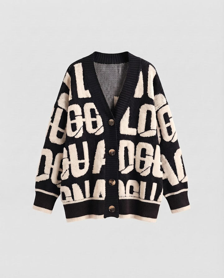 Damen Grobstrick-Cardigan im Lettering-Jacquard mit übergroßer Passform und V-Ausschnitt Drune