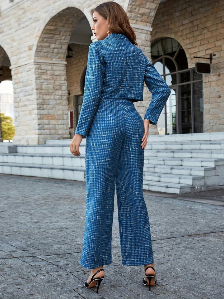 Drune | Tweed Cropped Blazer Und Hosen Outfit Set Für Damen - Für formelle Anlässe