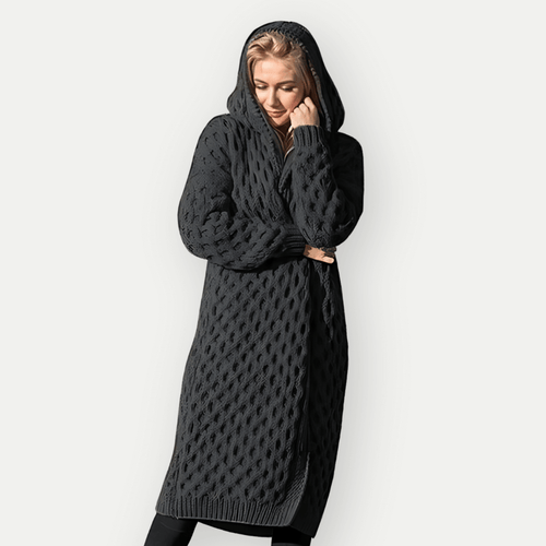 Drune | Strickjacke Lockere Passform Zopf Muster Offene Vorderseite mit Kapuze