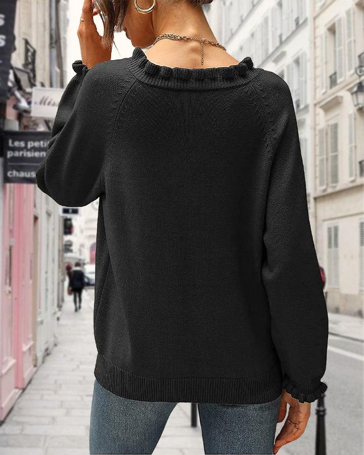 Drune | Lässiger Einfarbiger Pullover mit Reversknopf und Rüschen