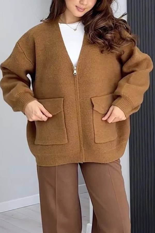 Drune | Farbe Vielseitiger V-Ausschnitt Taschenpullover Jacke