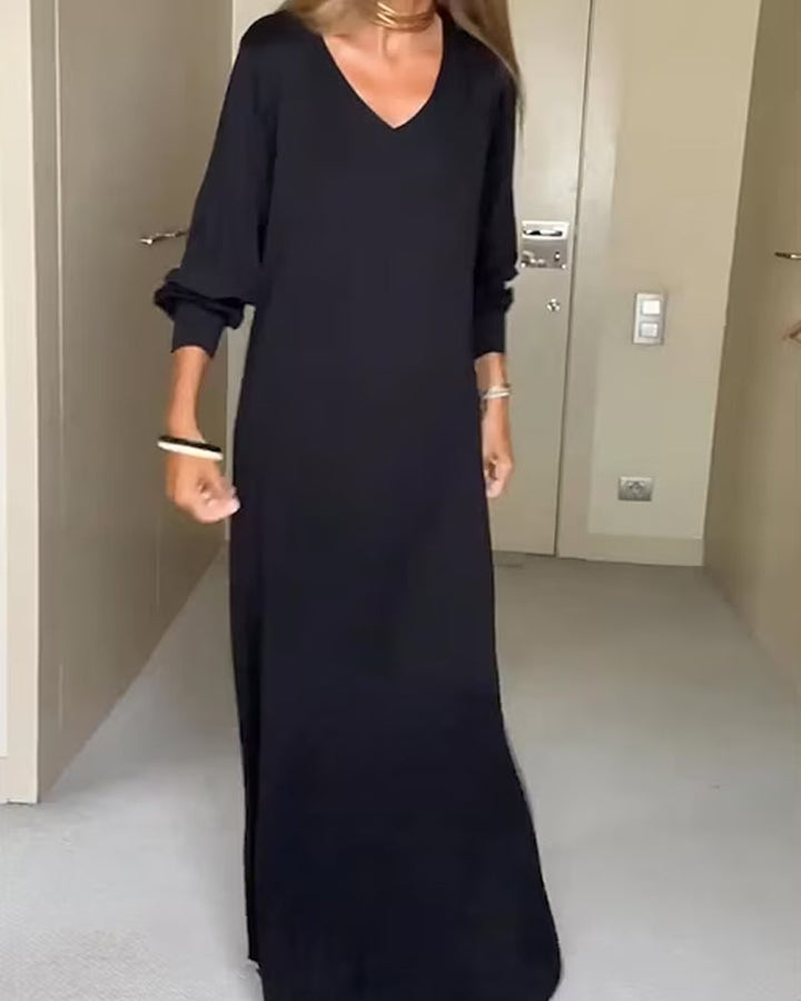 Drune | Lässiges Einfarbiges Kleid mit V-Ausschnitt