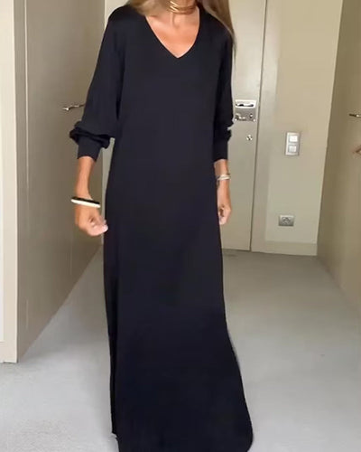 Drune | Lässiges Einfarbiges Kleid mit V-Ausschnitt